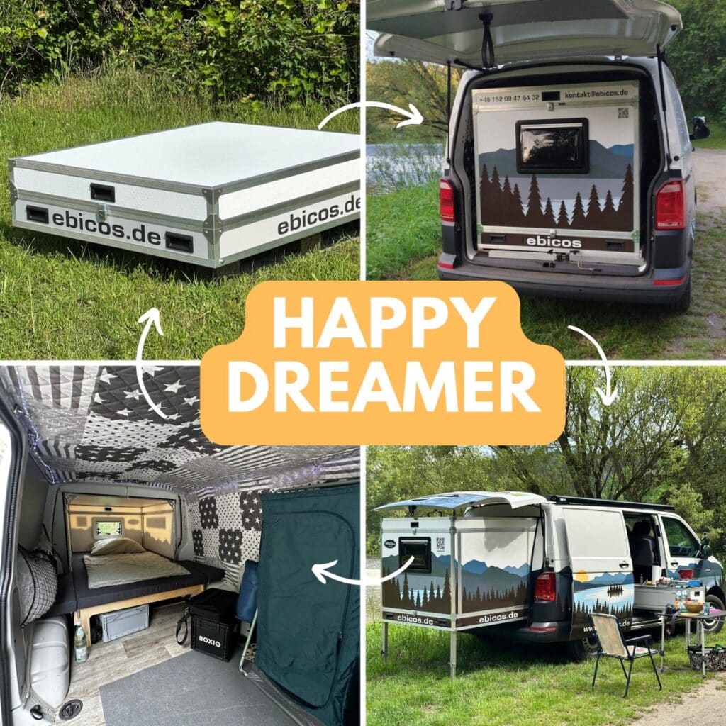 Happy Dreamer Ausziehmodul von ebicos.de – zeigt den Umbau eines Vans zum gemütlichen Mini-Camper mit Schlaf- und Wohnbereich.